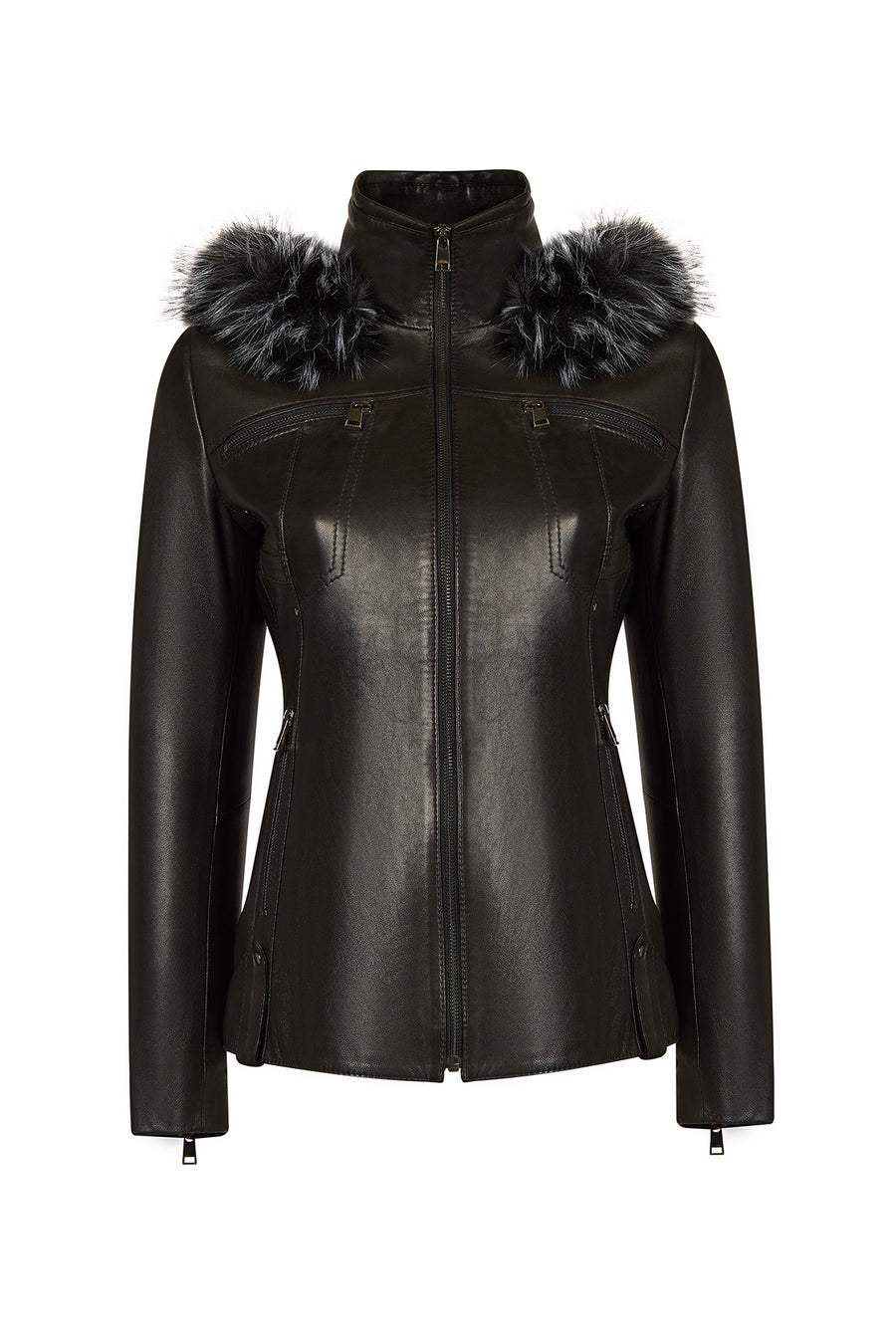 Audrey Woman Black Hooded Fur Leather Coats
