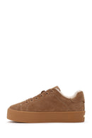 Kadın Camel Bağcıklı Kalın Tabanlı Süet Deri Teddy Sneaker | Derimod