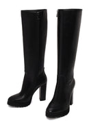 Woman Black Zip Closure High Thick-Heeled Leather Boots | Derimod