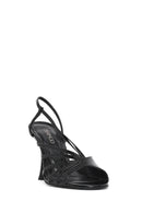 Women's Black Ankle Buckle High Thin Heel Metallic Leather Sandals | Derimod