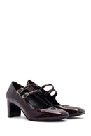 Women's Burgundy Double Buckled Thick Heeled Patent Leather Mary Jane Shoes | Derimod