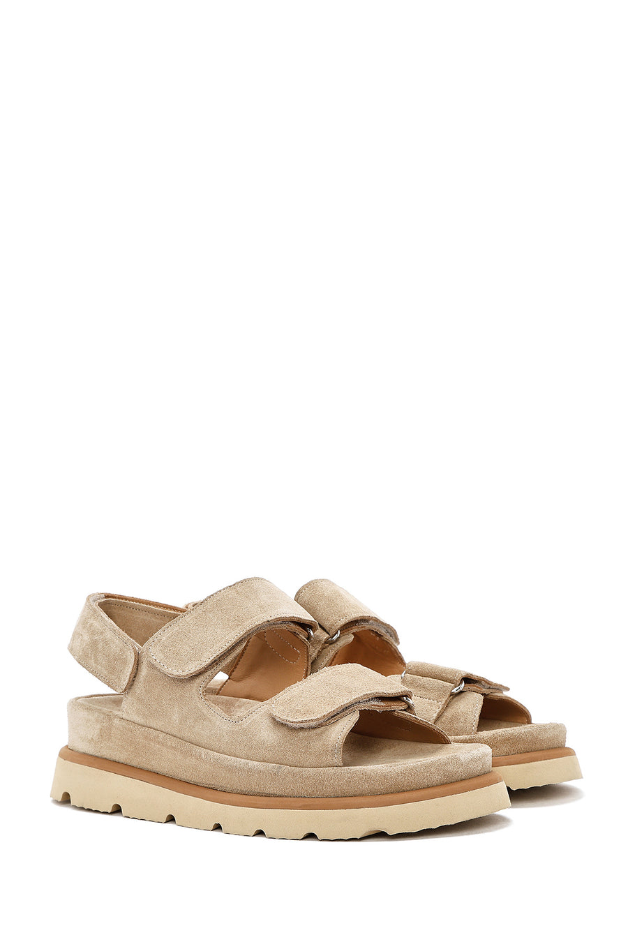 Women's Beige Strapped Chunky Sole Suede Leather Sandals