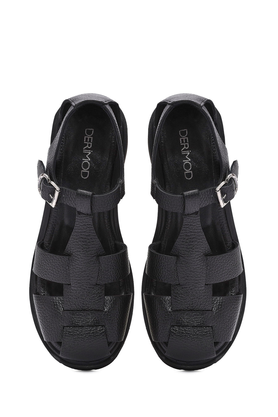 Women's Black Ankle Strap Thick Heel Leather Sandals