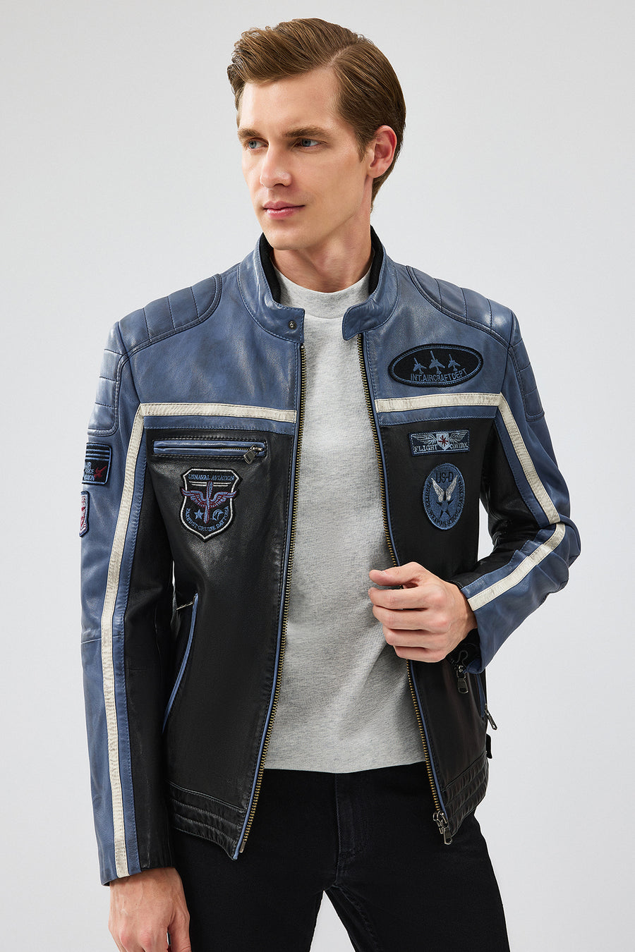 Takeoff Men's Blue Slim-Fit Leather Jacket