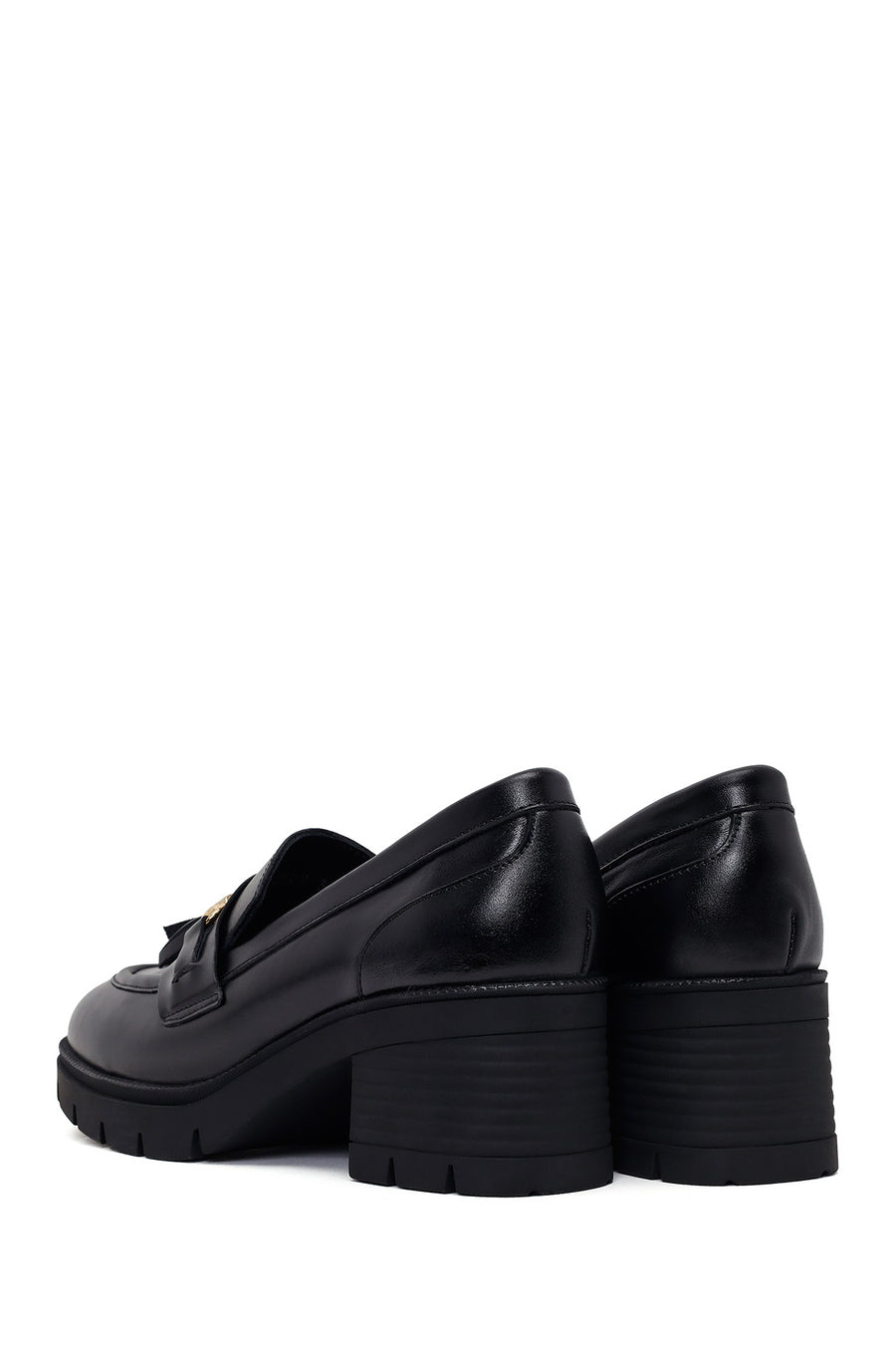 Woman Black Chunky-Heeled Buckled Leather Loafer