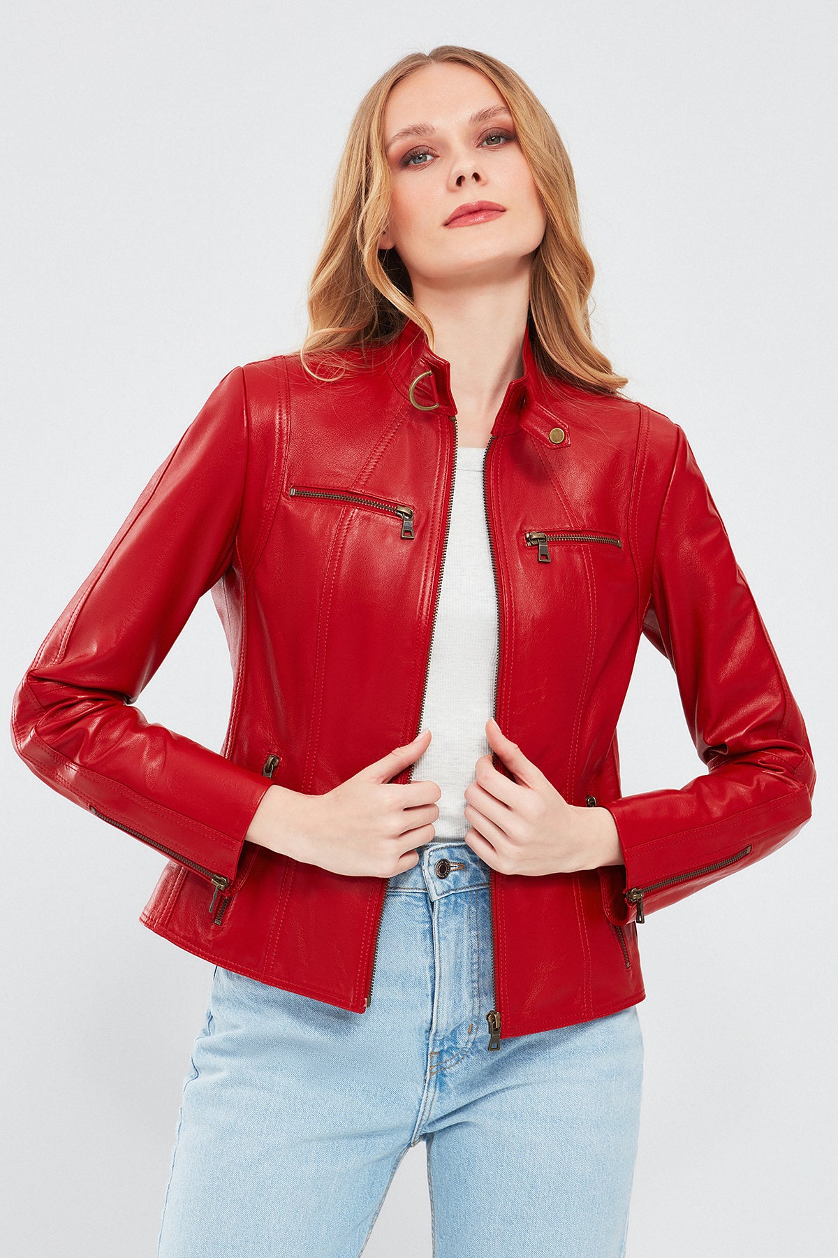 Maria Women's Red Short Leather Jacket 24SGE51781M | Derimod