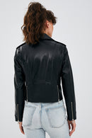 Newage Women's Black Slim-Fit Biker Leather Jacket | Derimod