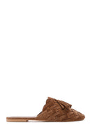 Women's Tan Suede Leather Knitted Flat Slippers | Derimod