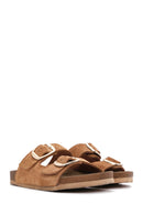 Women's Brown Buckle Suede Leather Slippers | Derimod