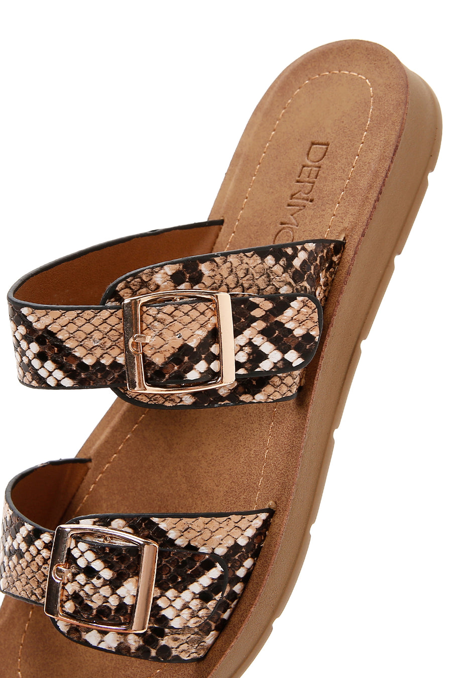 Women's Brown Double Buckled Patterned Slippers