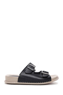 Women's Black Double Buckle Leather Comfort Slippers | Derimod