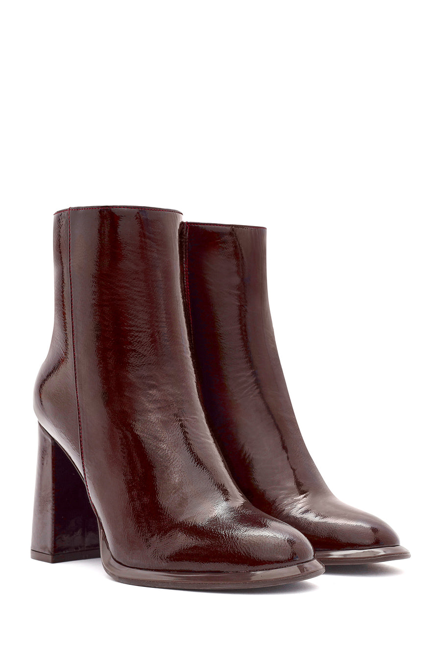 Kadın Bordo Fermuarlı Yüksek Kalın Topuklu Rugan Deri Bot