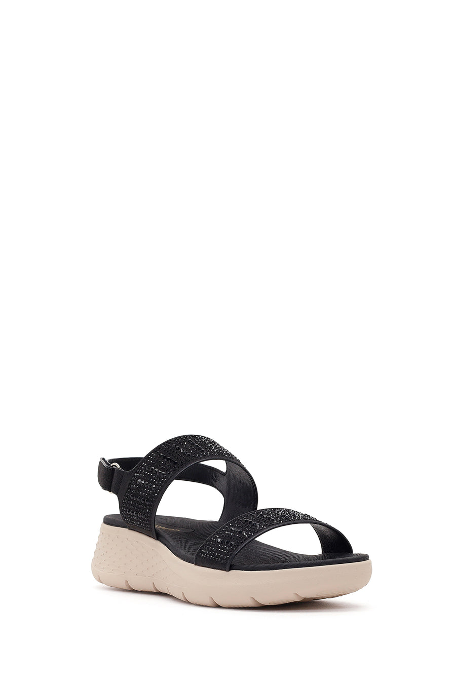 Women's Black Chunky Sole Embellished Fabric Comfort Sandals