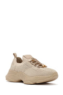 Derimod Zero Women's Beige Laced Stone Detailed Fabric Sneakers | Derimod