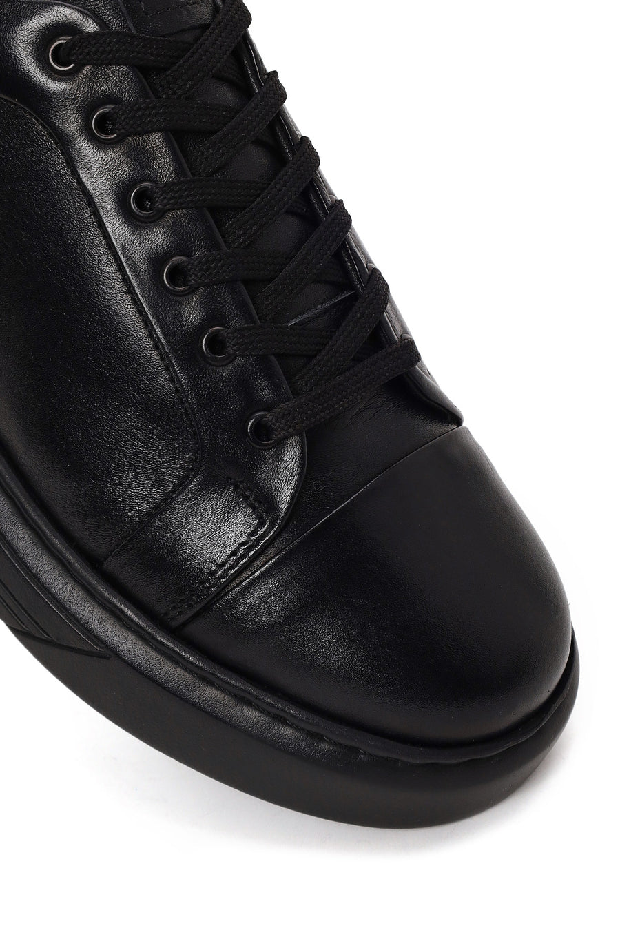 Erkek Siyah Bağcıklı Kalın Tabanlı Deri Sneaker