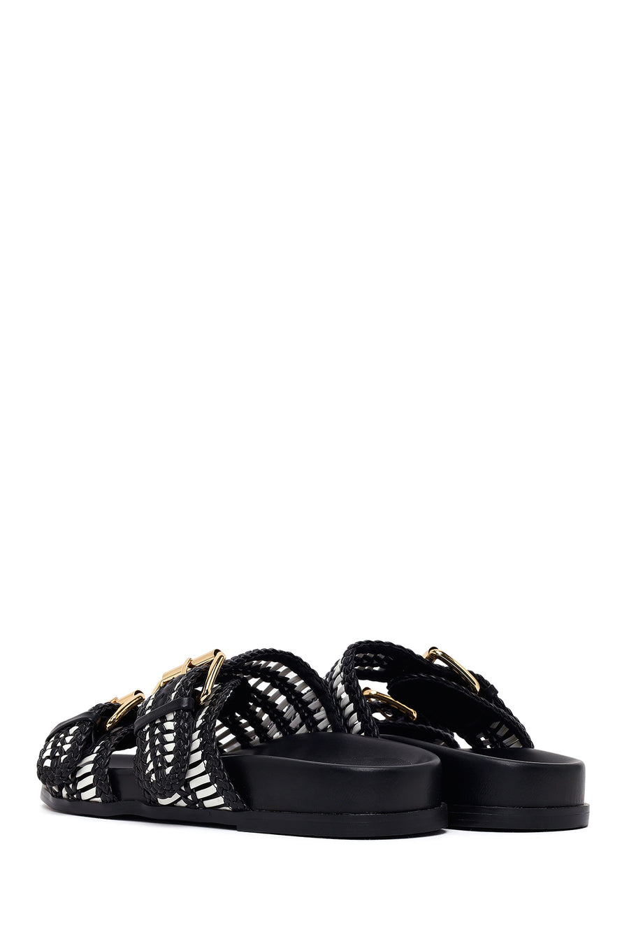 Woman Black Double-Buckle Braided Slipper