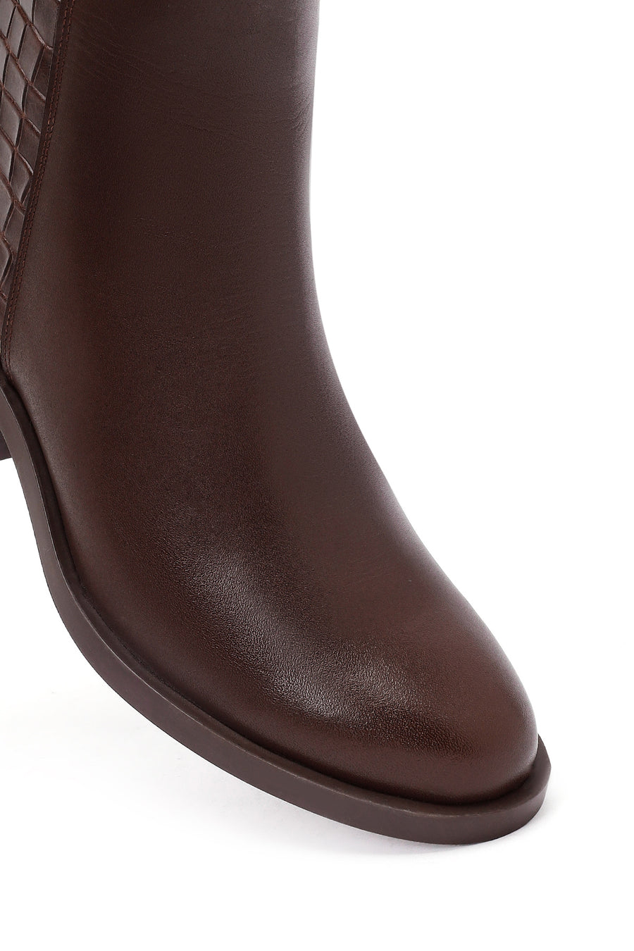 Woman Brown Zip Closure Short Thick Heeled Leather Boots