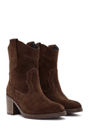 Women's Brown Chunky Heel Suede Leather Cowboy Boots | Derimod