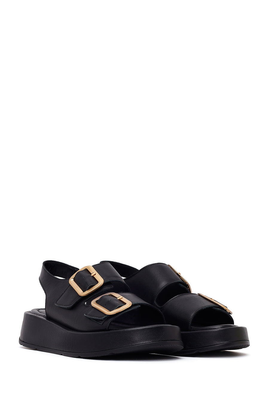 Woman Black Double-Buckle Thick-Soled Leather Comfort Sandals