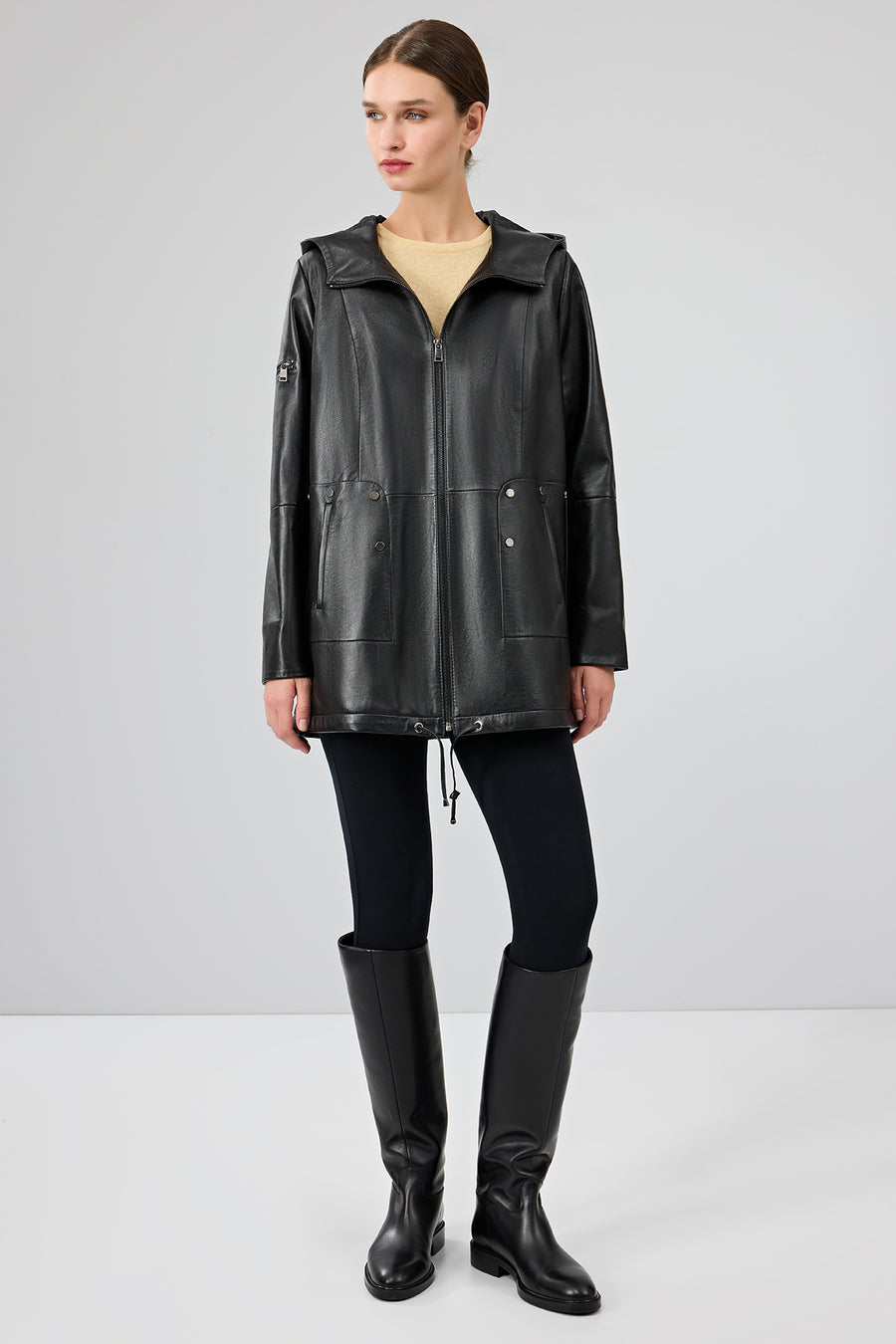 Cindy Women's Black Hooded Leather Coat