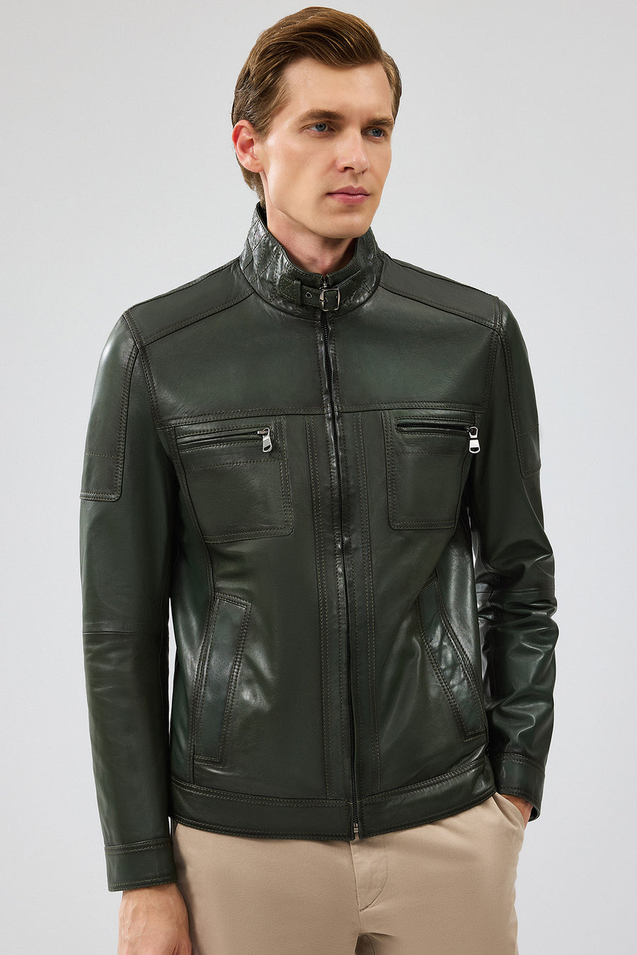 Wade Erkek Haki Slim-Fit Deri Mont