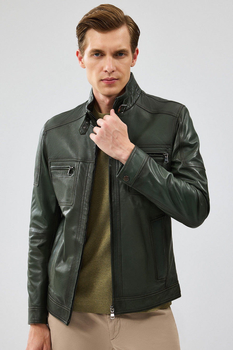 Wade Erkek Haki Slim-Fit Deri Mont 22WGD6462VE | Derimod