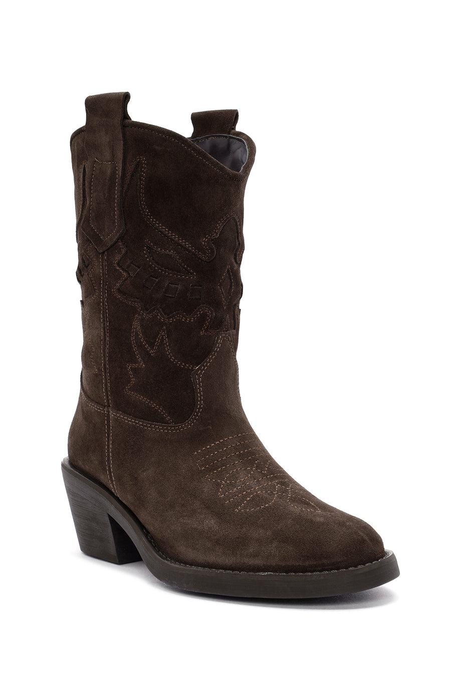 Woman Brown Short Chunky Heeled Suede Cowboy Boots