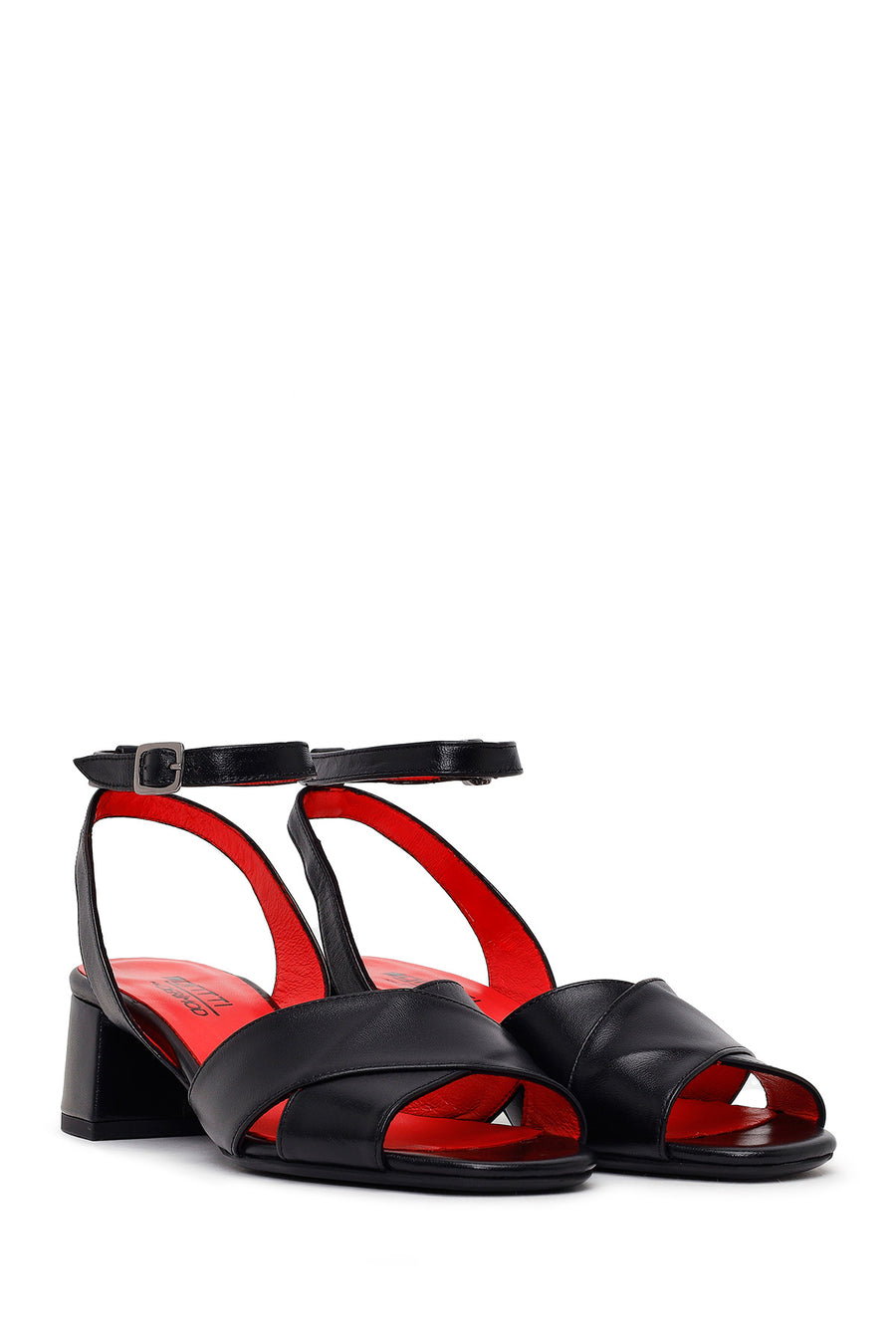 Derimod Gritti Woman Black Ankle-Buckle Short Chunky-Heel Leather Sandal