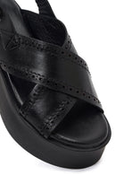Women's Black Ankle Buckle Platform Wedge Leather Sandals | Derimod