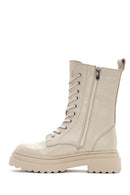 Women's Beige Leather Thick Soled Boots | Derimod