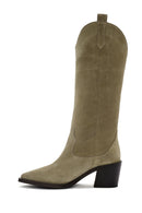 Women's Beige Chunky Heel Suede Leather Cowboy Boots | Derimod