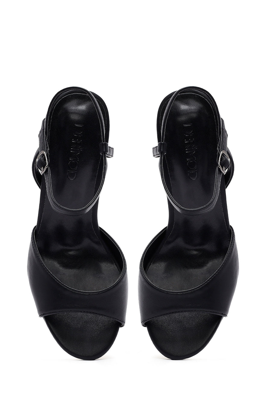 Women's Black Metallic Ankle Buckle Chunky Heel Sandals