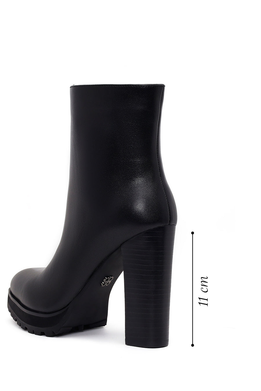 Woman Black Zip Closure High Thick-Heeled Leather Boots