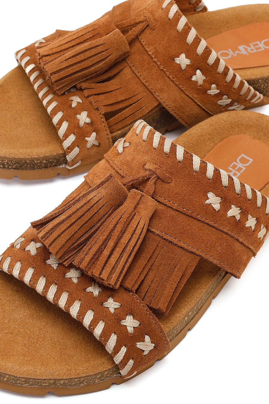 Women's Tan Tassel Suede Leather Slippers