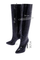 Women's Navy Blue Leather Thin Heeled Boots | Derimod