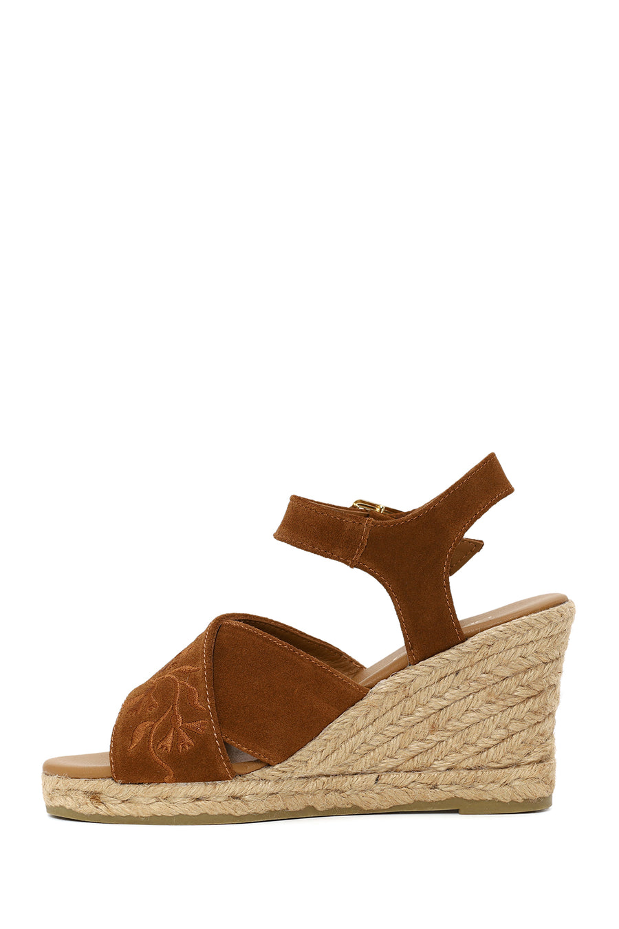 Woman Tan Ankle Buckled Wedge Heel Suede Espadrilles Sandal