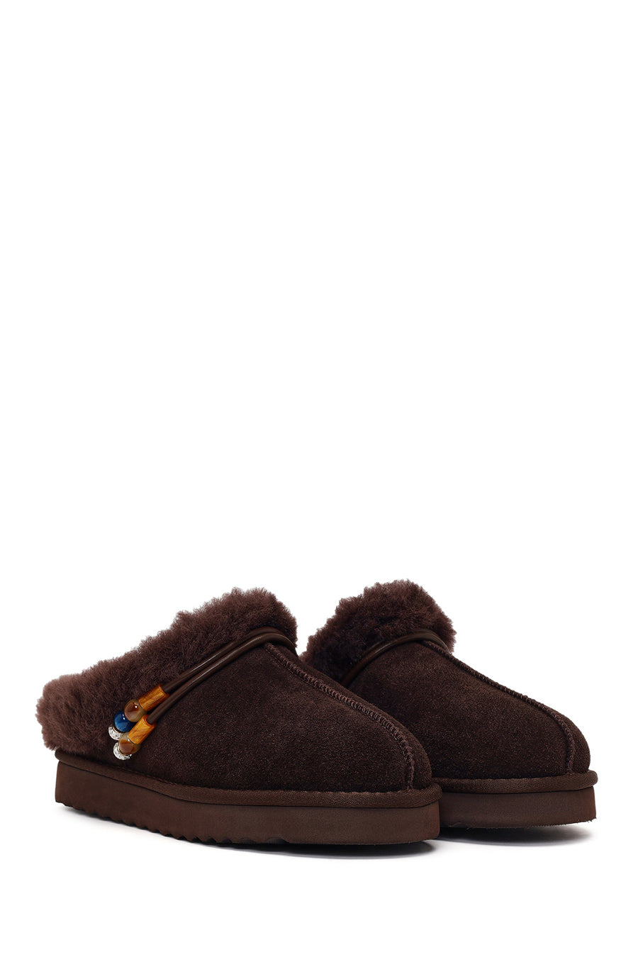 Woman Brown Stone-Embellished Suede Teddy Slipper