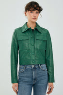 Tina Women's Green Short Leather Jacket | Derimod