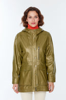 Victoria Women's Khaki Hooded Leather Coat | Derimod