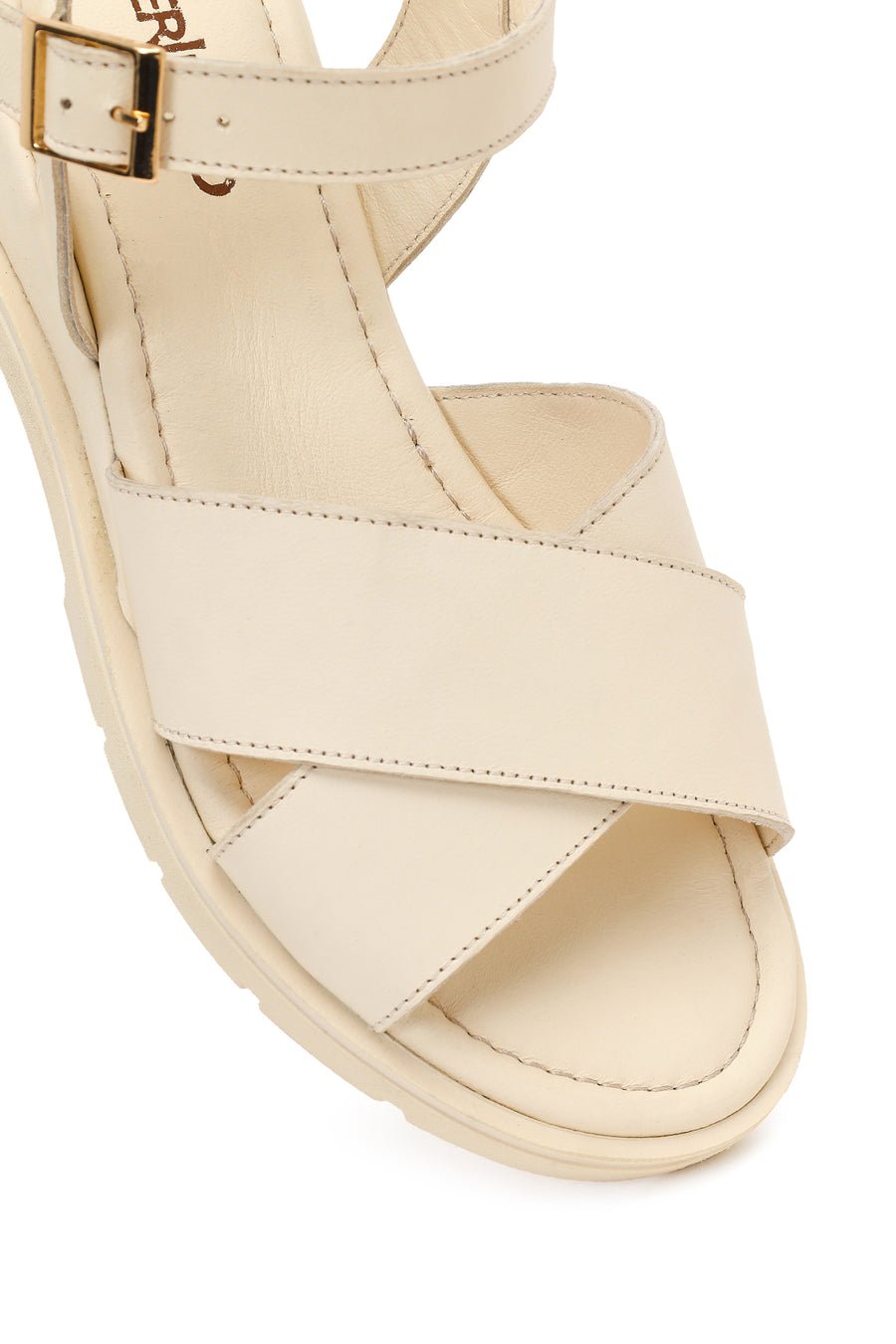 Woman Cream Ankle-Buckle Wedge Leather Sandals