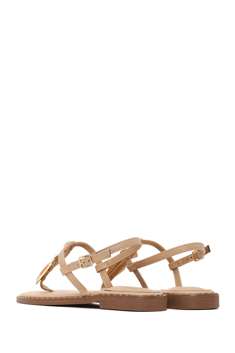 Woman Beige Ankle-Buckle Embellished Toe-Post Sandal