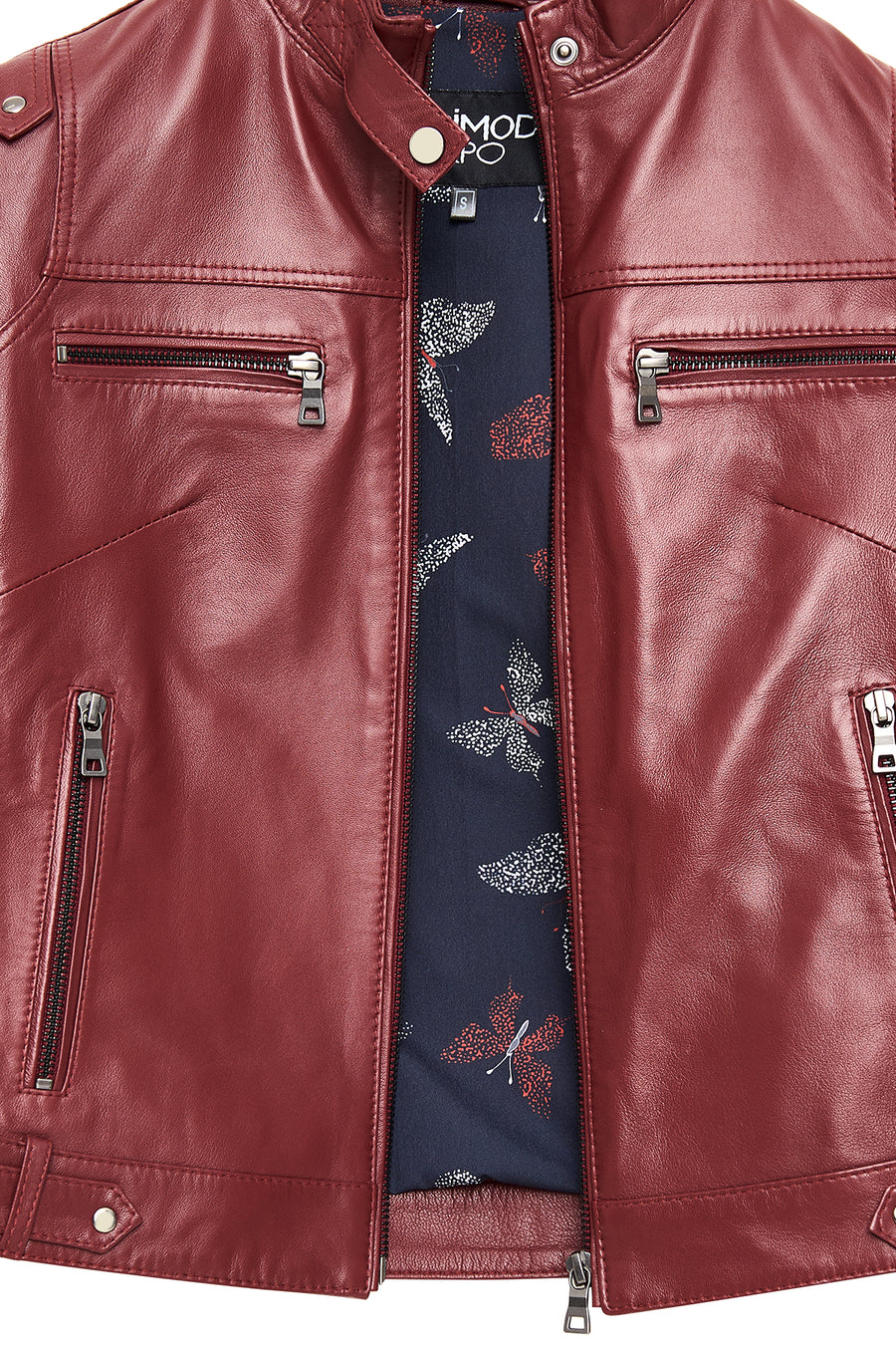 Vicky Women's Burgundy Mandarin Collar Short Leather Jacket