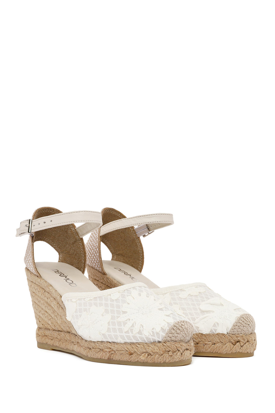 Women's Cream Ankle Strap Patterned Wedge Heel Espadrilles