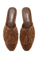 Women's Tan Suede Leather Knitted Flat Slippers | Derimod