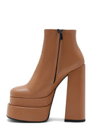 Women's Tan Leather Platform High Heel Boots | Derimod