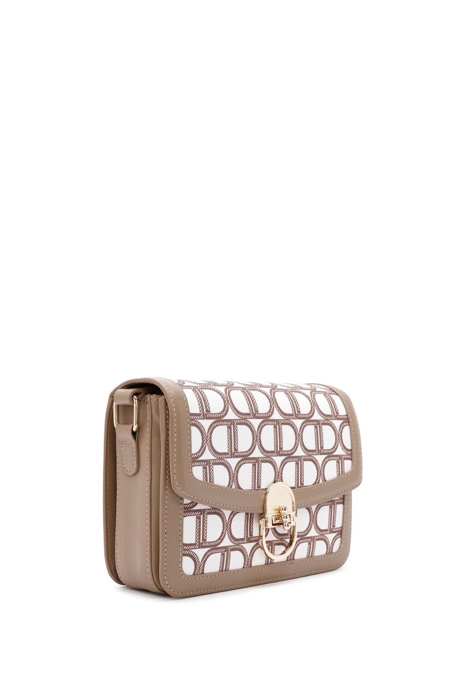 Women's Beige Long Strap Fabric Monogram Patterned Crossbody Bag