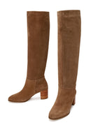 Woman Beige Chunky-Heeled Suede Boots | Derimod