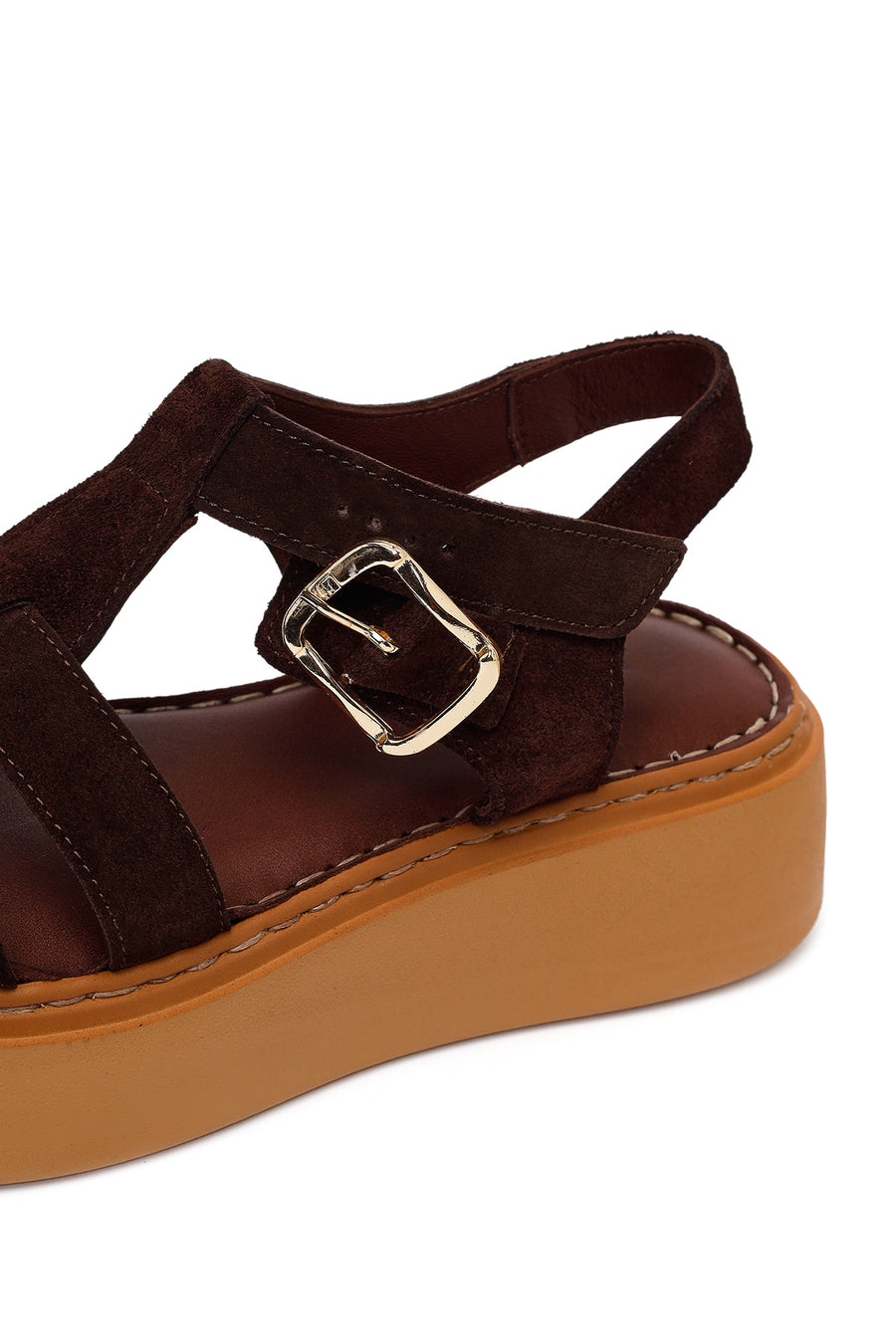 Woman Brown Ankle-Buckle Thick-Soled Suede Comfort Sandal