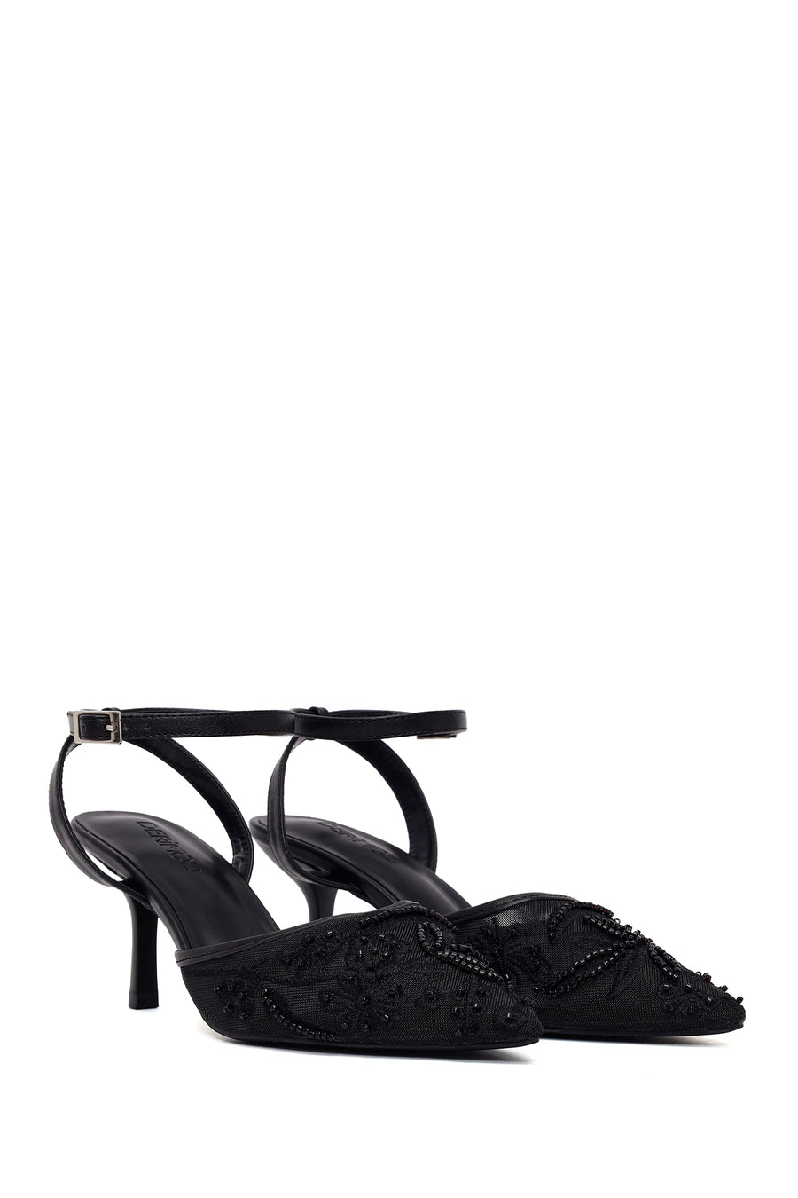 Woman Black Ankle-Buckle Floral Embroidered Open-Back Thin High Heel