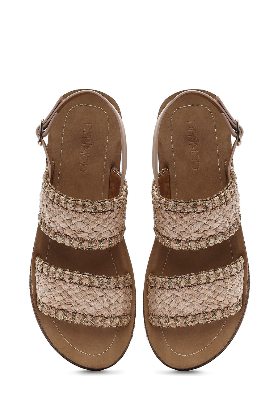 Women's Beige Ankle Buckle Thick Soled Straw Sandals